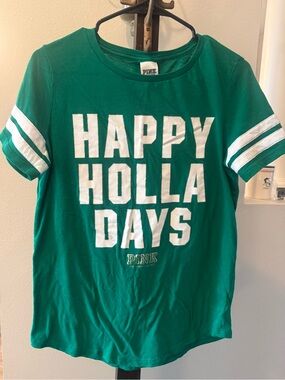 Victoria's Secret PINK Green 'Happy Holla Days' Graphic Tee  Medium